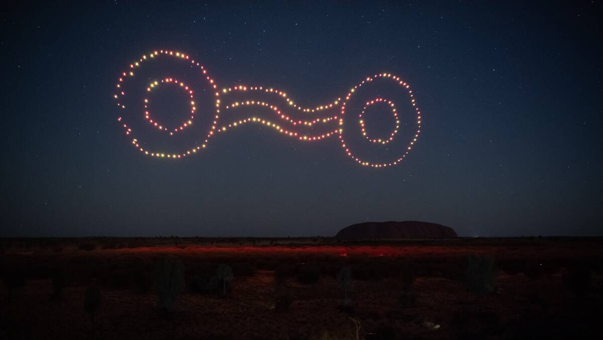 Part of the Wintjiri Wiru drone, sound and light show at Uluru in the Northern Territory launched on May 10, 2023. Picture Getty Images for Voyages Indigenous Tourism Australia