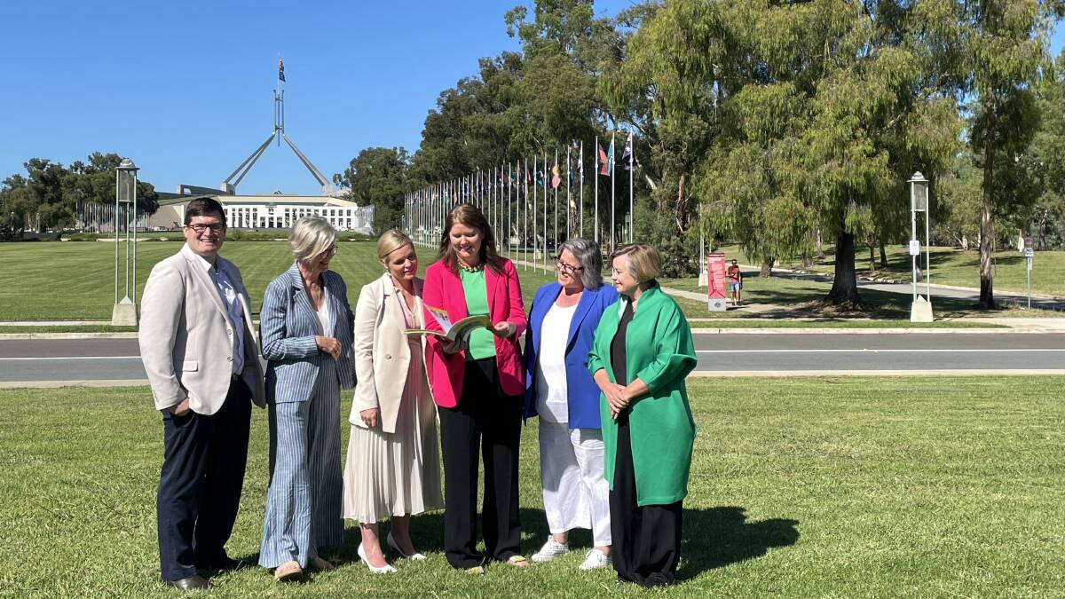 Quilpie Shire Council chief executive Justin Hancock, Dr Helen Haines MP, Real Estate Institute of Australia chief executive Anna Neelagama, Regional Australia Institute chief executive Liz Ritchie, Master Builders Australia chief executive Denita Wawn and Australian Local Government Association president Cr Linda Scott outside Parliament House in Canberra on Friday. Picture by Brittney Levinson