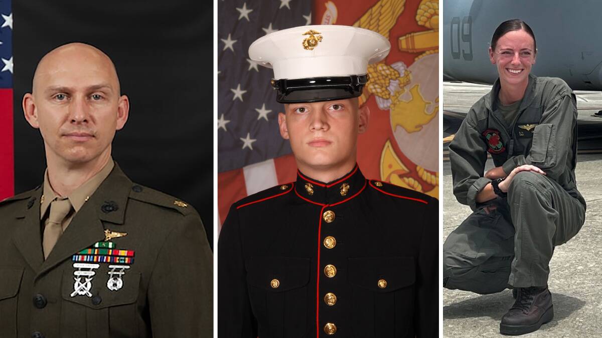 Three US marines killed in an aircraft crash (L-R) U.S. Marine Corps Major Tobin J. Lewis, 37, U.S. Marine Corps Corporal Spencer R. Collart, 21 and U.S. Marine Corps Captain Eleanor V. LeBeau, 29. Recovery crews remain on a remote Northern Territory island after a Boeing MV-22B Osprey tilt-rotor aircraft crashed, killing three US marines and injuring 20 others.(AAP Image/Supplied by Marine Rotational Force Darwin )