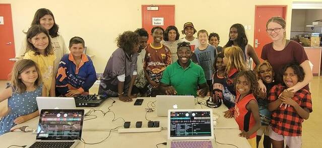 Kids at the DJing workshop in Pine Creek with DJ Charly T. Picture by Clare Rapkins. 
