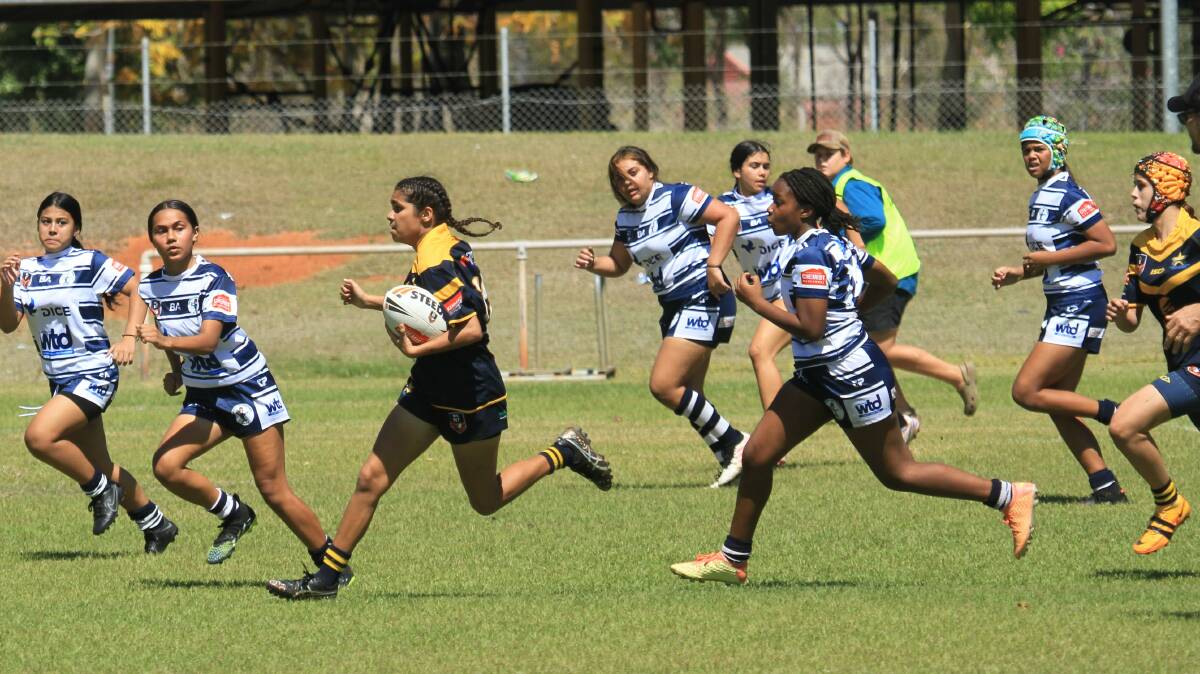Katherine Cowboys U14 girls hosted the Brothers Rugby League Club from Darwin in the Women of League round. Pictures and story: Rodney Gregg.