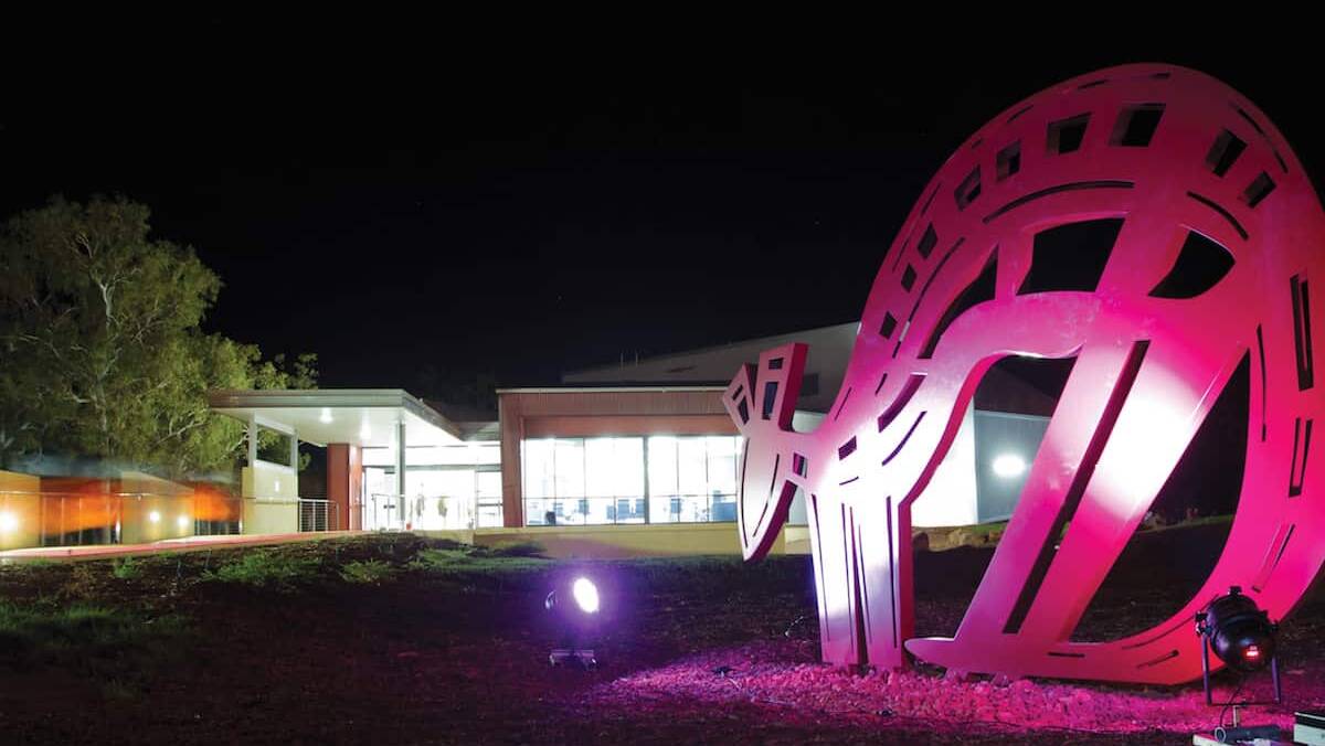 The arts centre at night with the illuminated sculpture of a rock wallaby - the animal said to have been hunted by respected Elder Godinymayin on the land the gallery has been built on. 