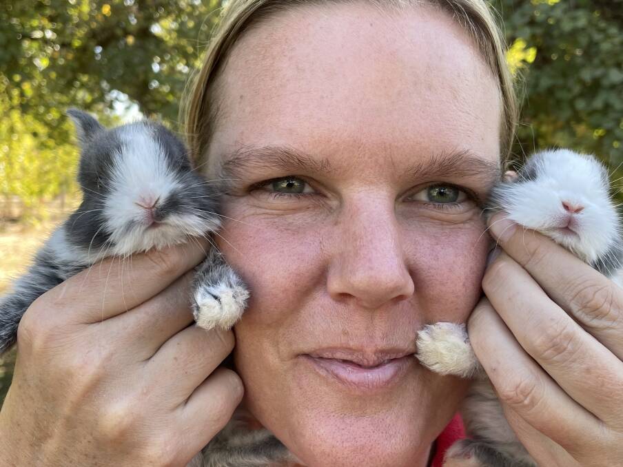 Mrs Shae with her baby rabbits.