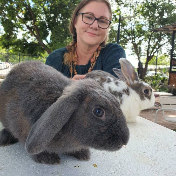 Crikey - Kate Irwin with her therapy bunnies Cosmo and Crayon. 