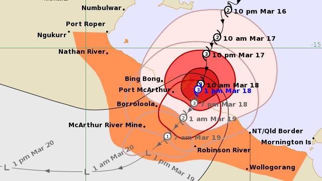 Megan is expected to make landfall in the evening of March 18. Picture via BOM.