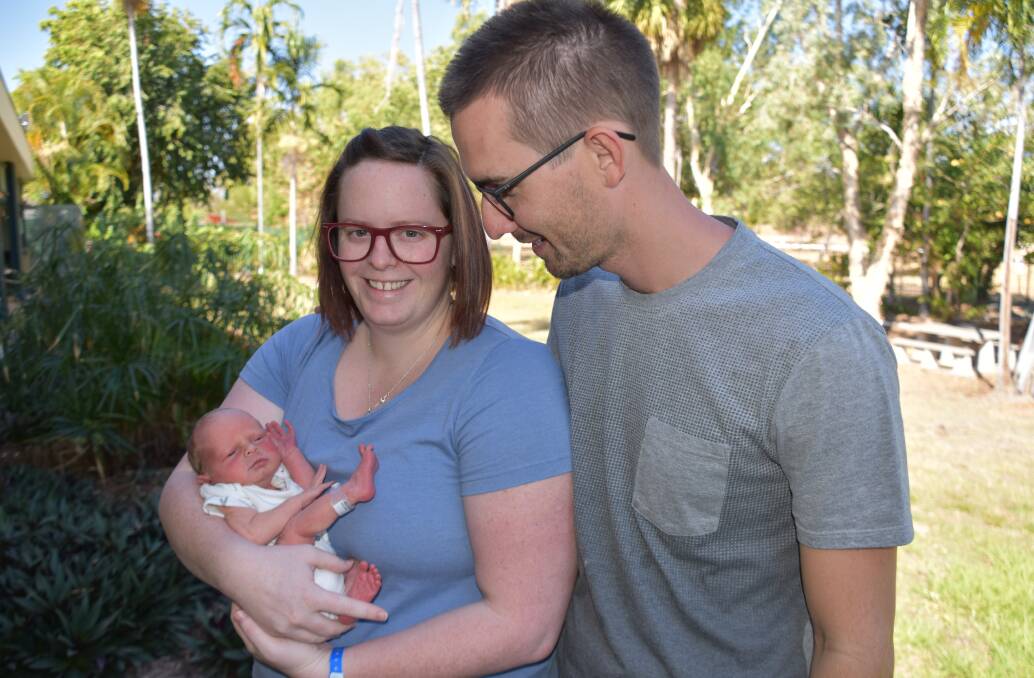 ALL SMILES NOW: Bridgette and Mathew Dunn with their new baby Levi James Dunn at Katherine HospItal. 