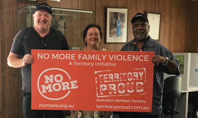 Catholic Care NT Team Leader Malcolm Fox and No More program facilitator Marcus Rosas visited Mayor of the Roper Gulf Regional Council, Judy MacFarlane ahead of the march this weekend. Picture: No More program. 