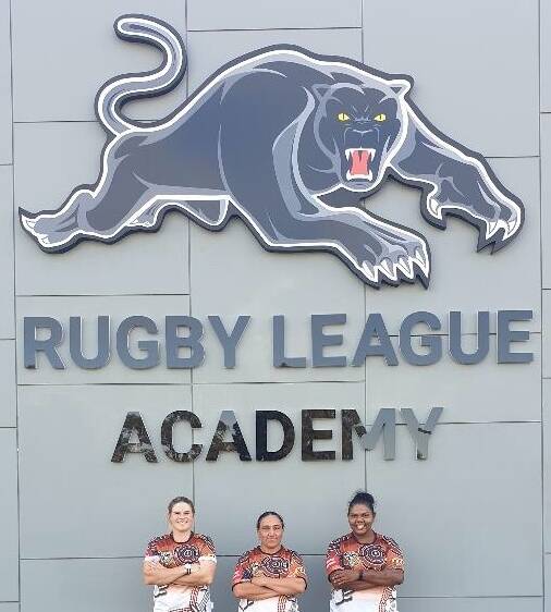 Tamika Fisher, NT Titans manager Alysia Bader and and Natasha Assan in Sydney at the Rugby League Academy. Picture: Alysia Bader. 