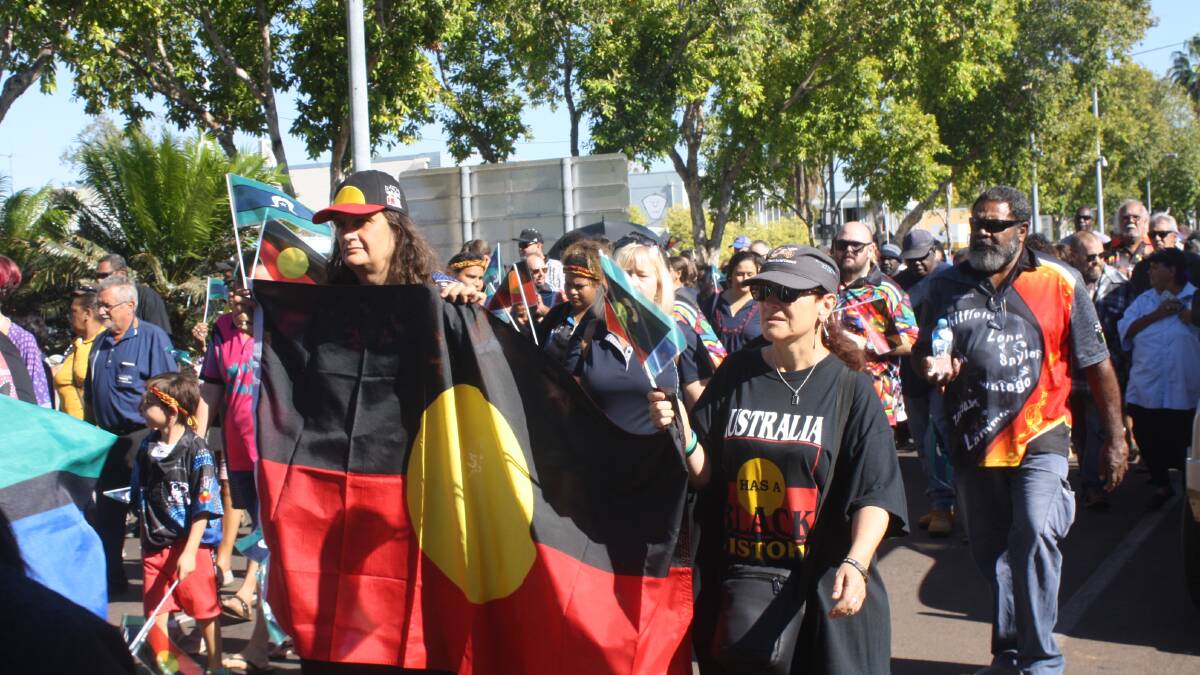 MARCH ATTRACTS HUNDREDS: The largest ever crowd marched down Katherine Terrace today to celebrate NAIDOC Week 2018. 