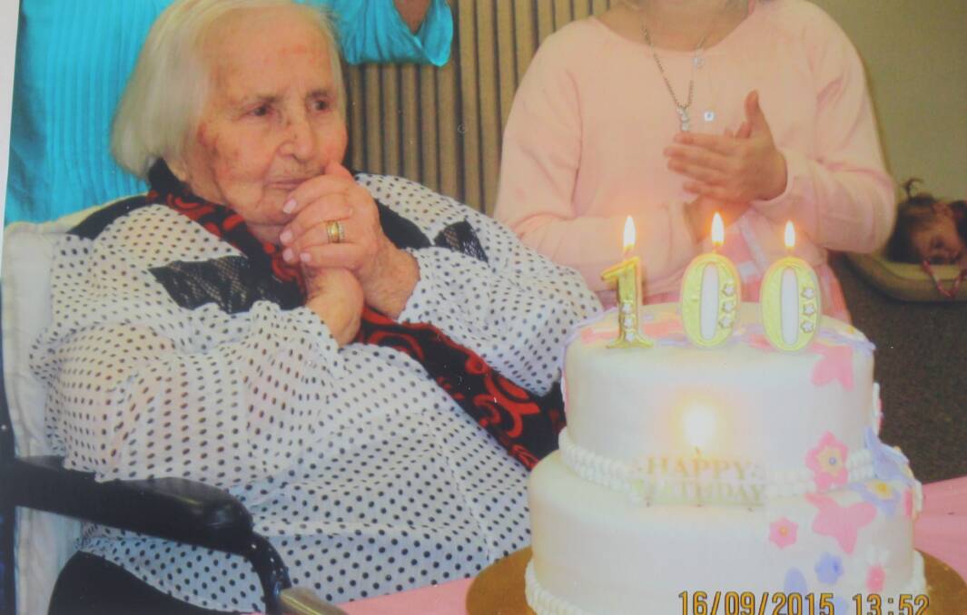 Nadia Pascoe celebrates her 100th birthday at Reynella Nursing Home, SA. Original photo supplied: Neila Boyle. 