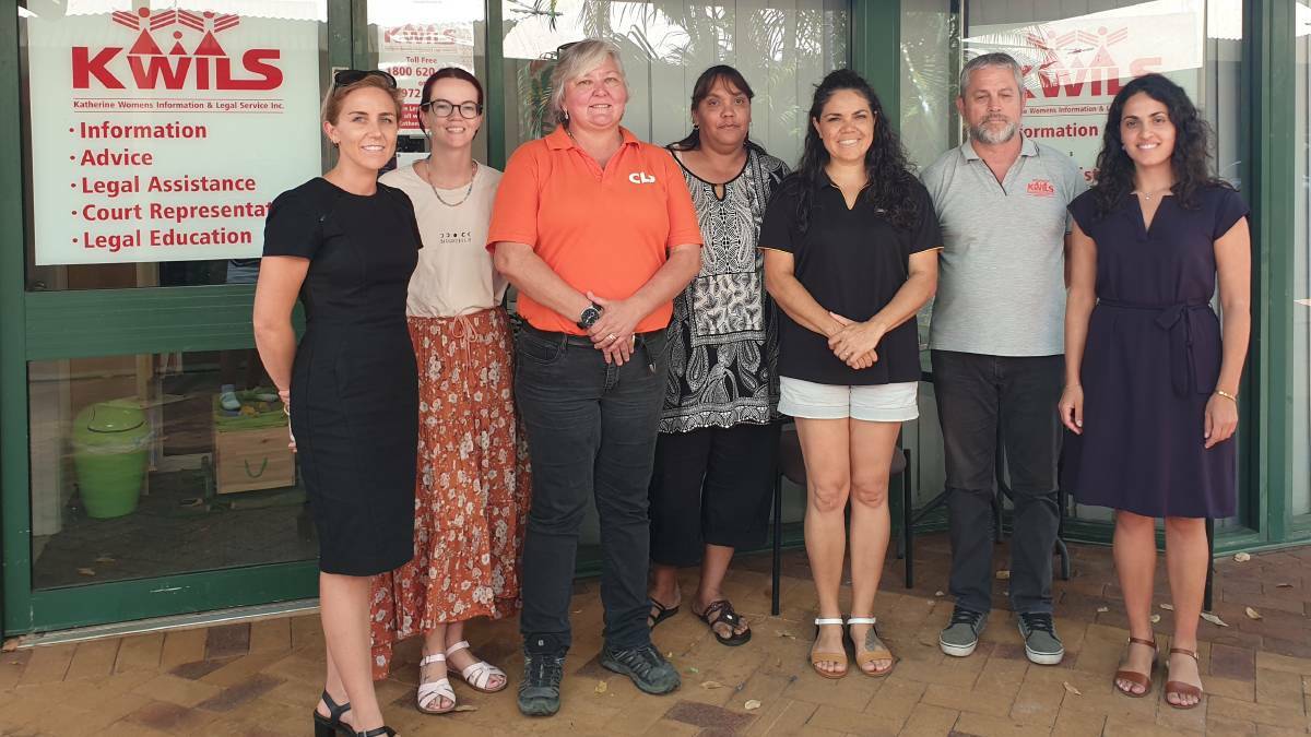 KWILS staff Brooke Brenner, Paige Cunningham, Michelle Dawson, Matt Fawkner and Mary-Anne Philip with (middle) Senate Candidate for Country Liberals Sam McMahon and Alice Springs councillor Jacinta Nampijinpa Price on the day funding was promised. Picture: Jacinta Nampijinpa Price. 