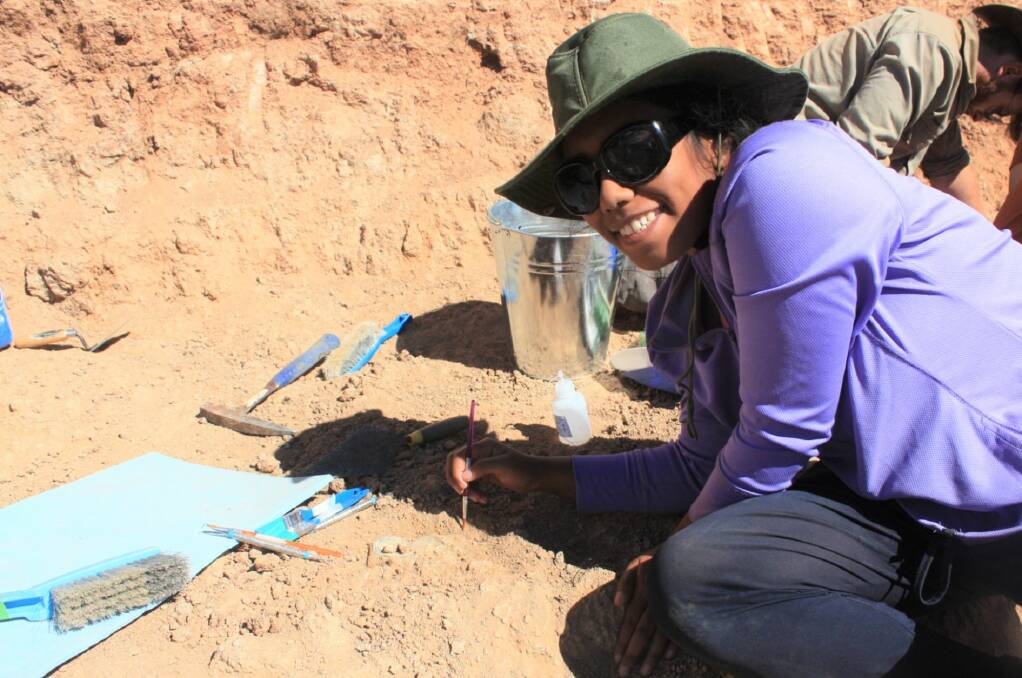 Laluloy Bucar on location at the Alcoota megafauna fossil site, 250km north east of Alice Springs. Picture: Flinders University. 