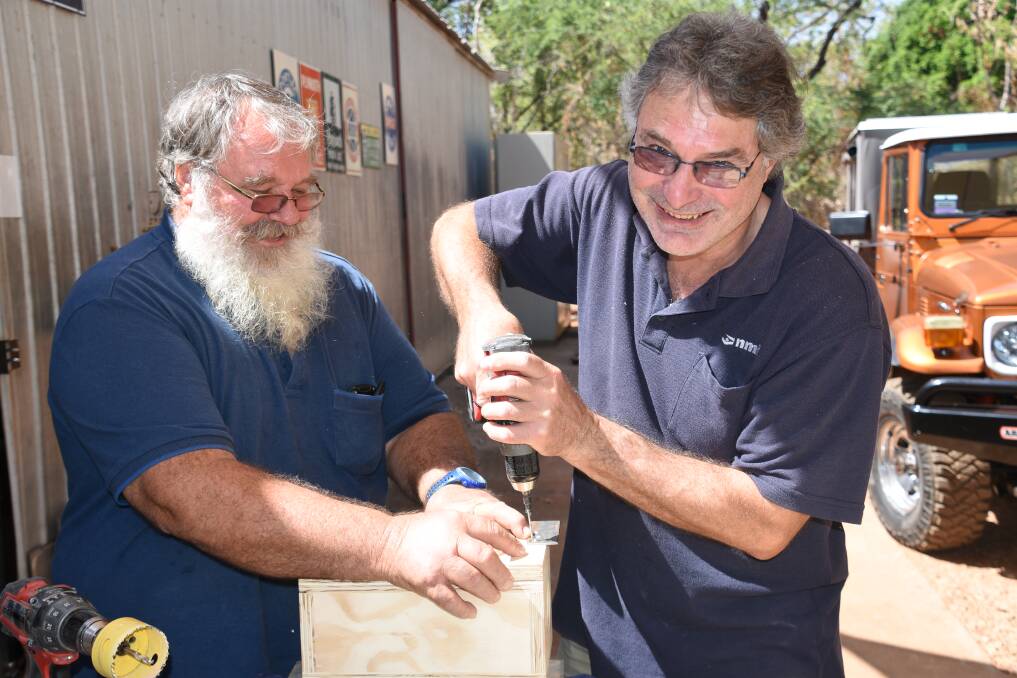FIRST PROJECT: Men’s Shed founding member Bryan Walter and Bruce Smith have been working together this week to build 30 bird boxes.