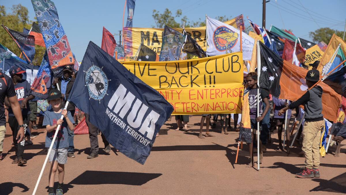 Kalkarindji residents rallied on the weekend in a 'Freedom Day Festival' march trying to win back ownership of their town's club. Picture: Gurindji Aboriginal Corporation. 