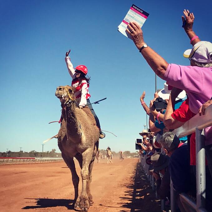 New South Wales jockey Chontelle Jannesse on Uncle Bob, won eight out of eight races, including 1500 Cup Final at the 2018 Boulia Camel Races. Picture: Maree Azzopardi. 