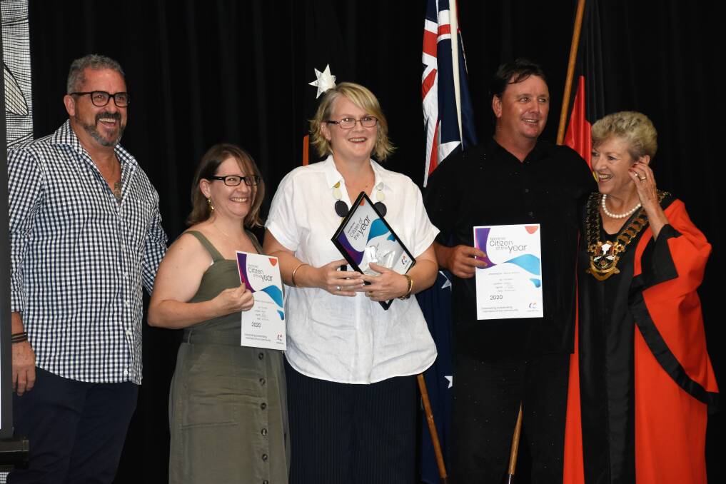 David and Angela Flood, a finalist for Citizen of the Year, with the winner Colleen McTaggert, finalist Warren Walters and Mayor of Katherine Fay Miller. 
