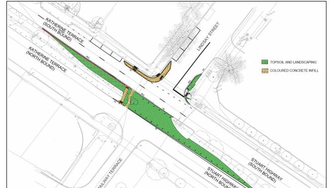 The map of the Katherine Terrace and Lindsay Street Intersection safety improvements show the median strip will be extended, blocking cars from driving through. 
