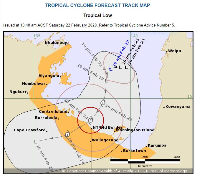 A slow moving tropical low is expected to continue to intensify and reach cyclone strength Sunday. Picture: BOM.