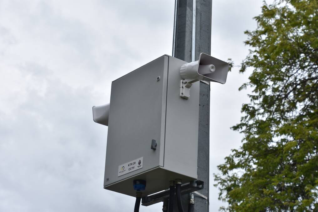 Katherine's newest set of loudspeakers have been installed on First Street below CCTV cameras.