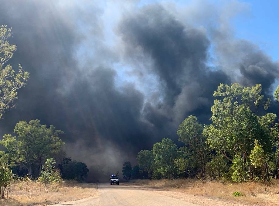 A toxic fire erupted earlier this year on Territory Day, which saw thick, black smoke fill the sky in Katherine's south. Picture: NTPFES.