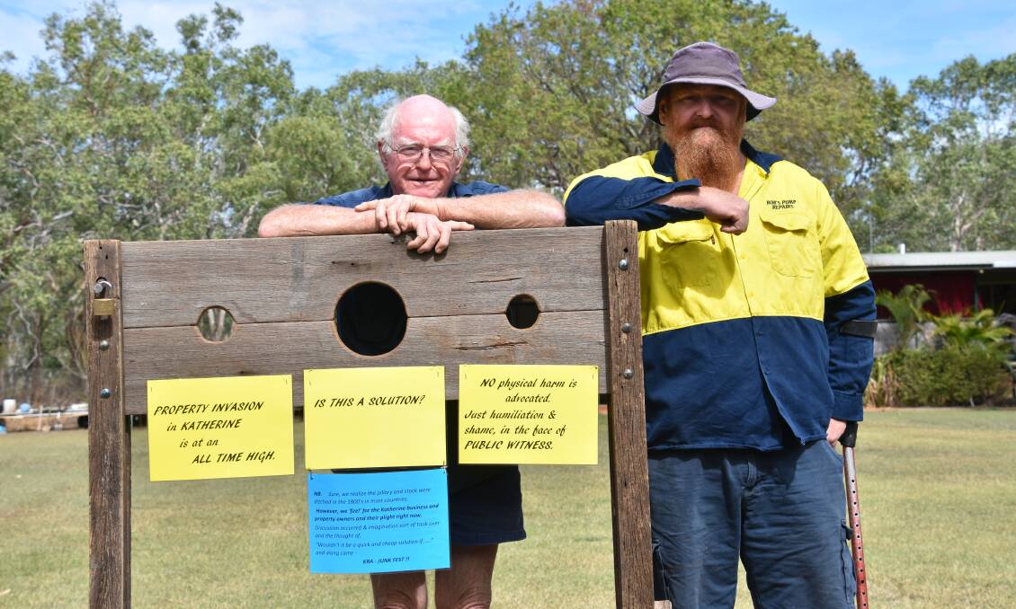 BANNED: Bob and Ken Wright spend about a week constructing their controversial sculpture for the annual Junk Festival, which this year saw almost 50 sculptures submitted. 