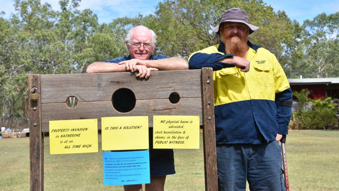 Bob and Ken Wright have made sure their controversial sculpture of a pillory has not been hidden away after it was banned at the Katherine Junk Festival. 