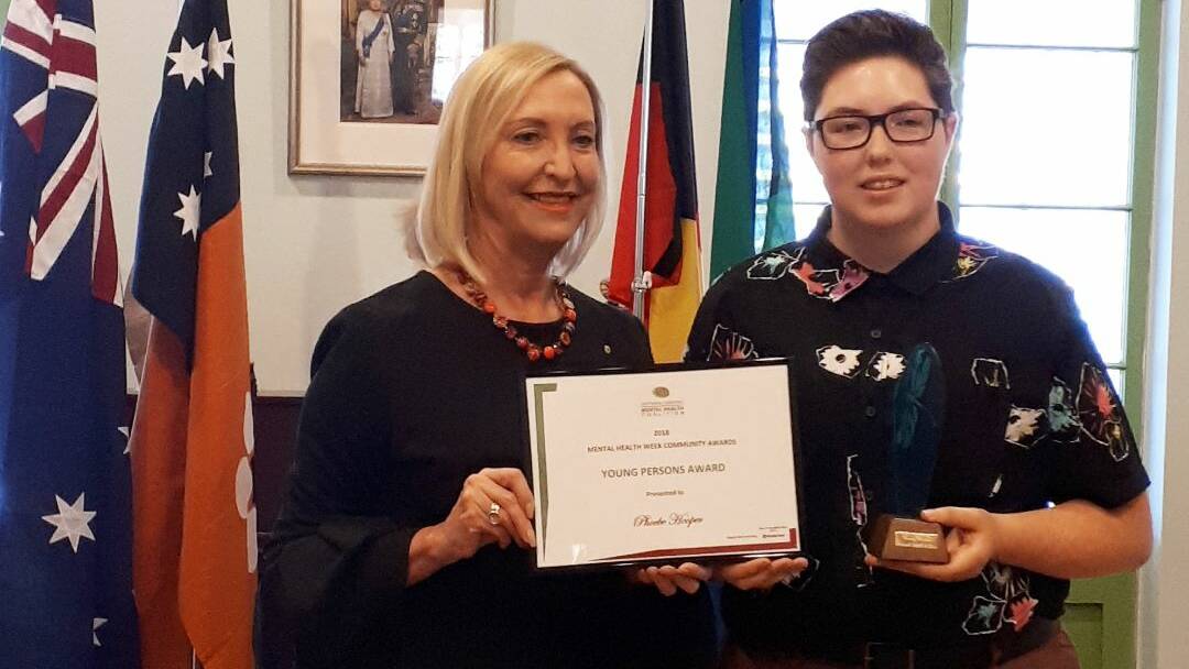 RECOGNISED: Administrator of the Northern Territory Vicki O'Halloran with Phoebe Hooper at Government House. Picture: Clare Pearce. 
