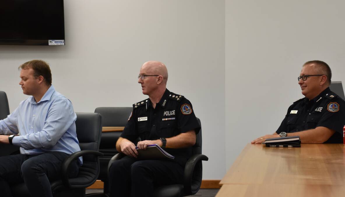 CRIME MEETING: Regional executive director Department of Chief Minister Jake Quinlivan, Commander Michael Hebb and Superintendent Daniel Shean adressed a concerned room of shopkeepers at this afternoon's crime meeting. 