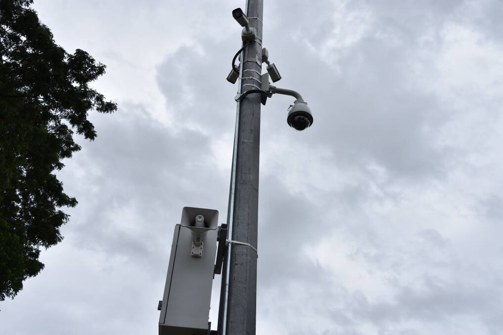 Loudspeakers and CCTV cameras have been bolted high on a pole on First Street in front of the Government Centre and near the entrance to the Woolworths Shopping Complex. 