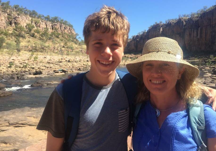 BUDDING ACTOR: Angus Pickering with his biggest supporter, his mother Megan Pickering, on the set of the feature movie Top End Wedding in May 2018. 