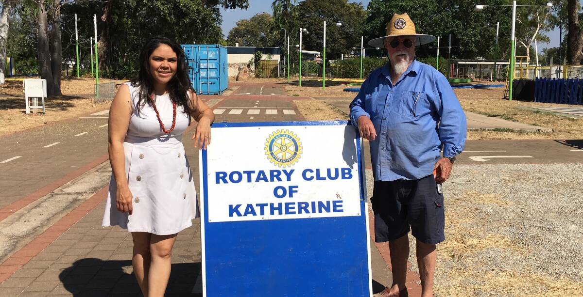 Alice Springs Councilor Jacinta Nampijinpa Price with former Rotary president John Leo.  Ms Price visited the Men's Shed earlier in the year and said she would explore opportunities for supporting the venture. Picture: Men's Shed. 