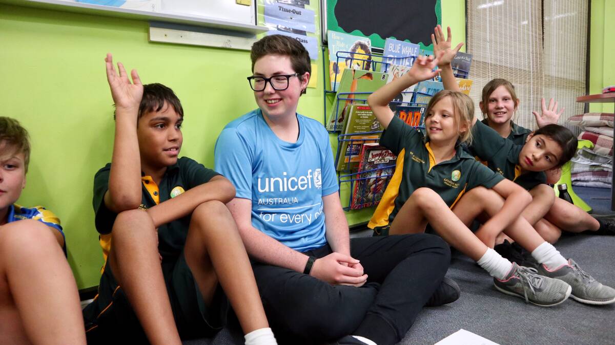 UNICEF Young Ambassador Franklin Hooper spoke to about 100 primary school students in Katherine last week on how they feel about the current state of Australia, and their thoughts on the future. Picture: Supplied. 