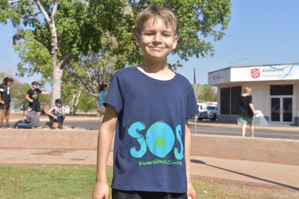 Ten-year-old Katherine South Primary School student Monty Lewis was among many young students striking from school demanding climate change action. 