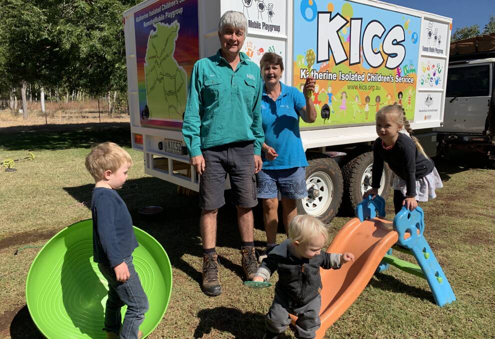 Liam Tootell, KICS field team Nick and Sonia Mathas, DArcy Barritt and Mindy
Yuile play in front of the new trailer. Picture: Supplied. 