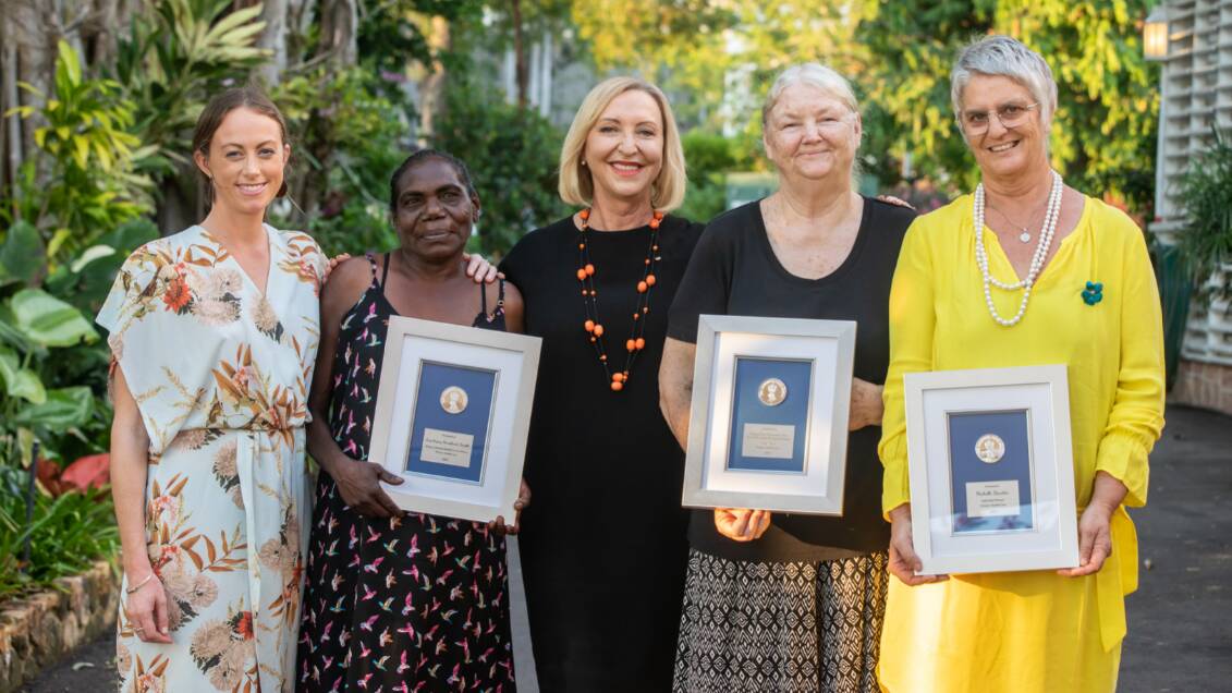 Rachel Godley and Balpawanga Louise Maymuru from Laynhapuy Homelands Health, Her Honour the Honourable Vicki OHalloran AO, Kathleen Hauth from the Central Australian Aboriginal Congress and One Disease CEO Michelle Dowden. Picture: Supplied. 