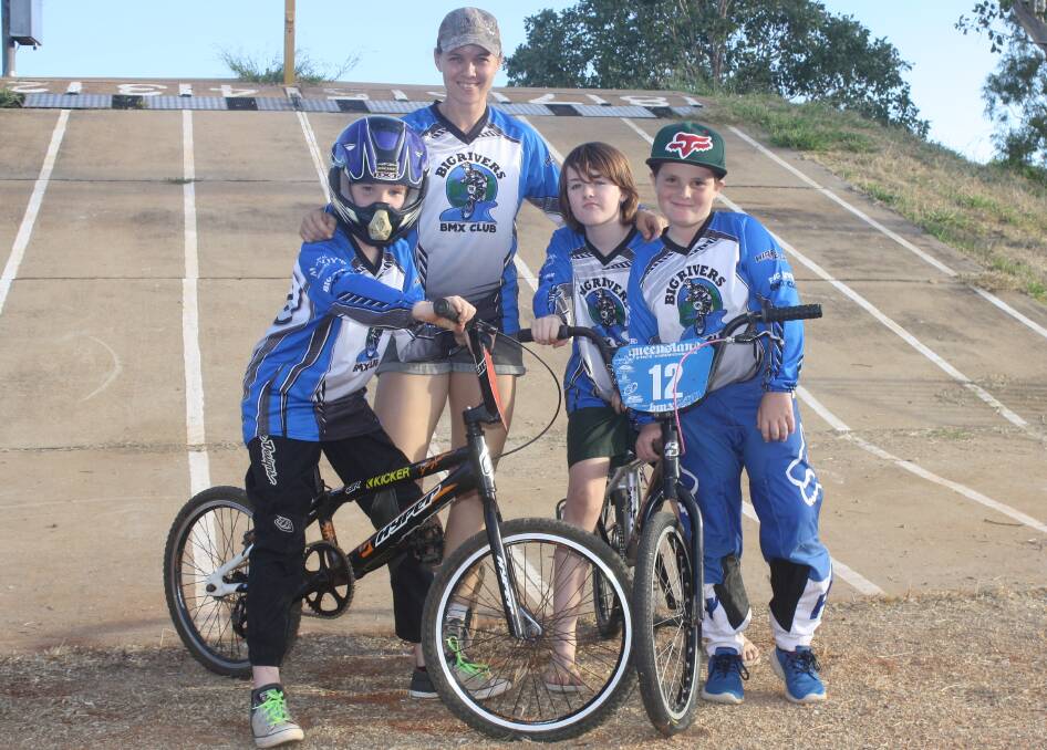 BOUNCING BACK: Seth Goldspink, Nicky Thomson, Imogen Goldspink and Brodie Stubbs at the Big River BMX Club before practice. Picture: Roxanne Fitzgerald.