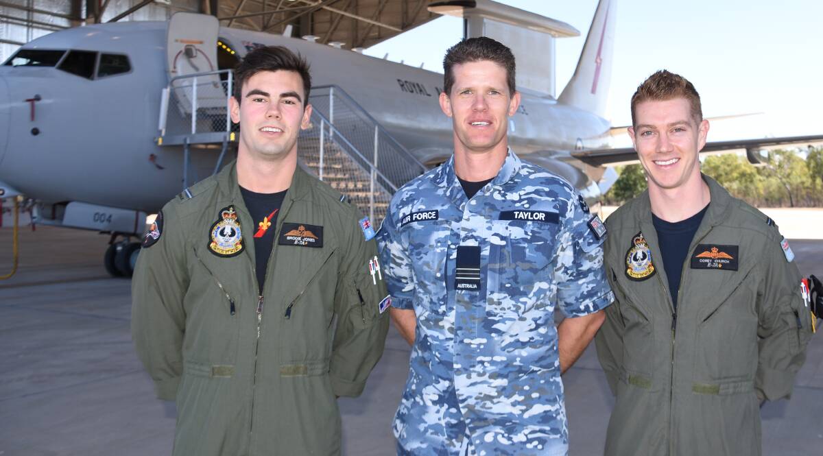 PITCH BLACK CREW: Surveillance and control officer Brodie Jones, E-7A Wedgetail engineer Shane Taylor and Pilot Corey Church at RAAF Base Tindal. 