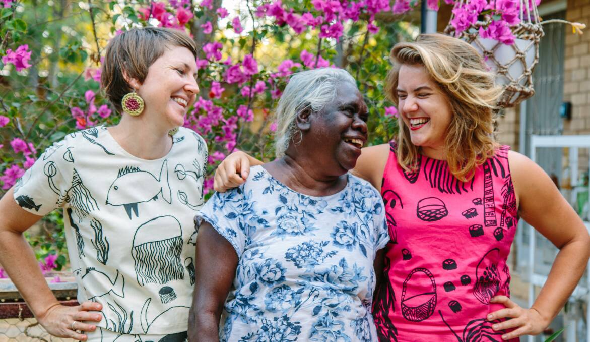 SUCCESS: Magpie Goose co-founders Laura Egan and Maggie McGowan with Margaret Duncan (middle), a Magpie Goose artist from Katherine / Urapunga. Picture: Magpie Goose. 