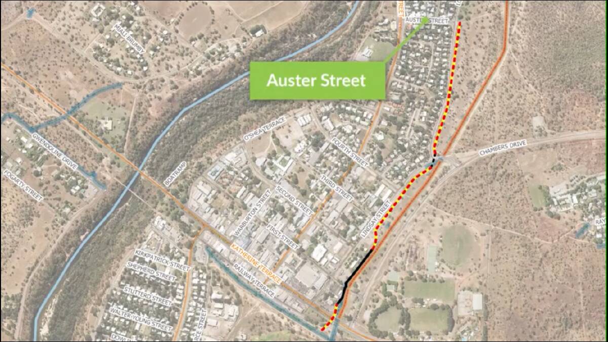 Plans include one levee bank along Auster Street. The dotted orange line is a planned earthen bank and the solid black line is the concrete wall. Picture: NT Infrastructure, Planning and Logistics. 