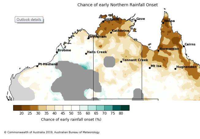 The Bureau of Meteorology has tipped a late rainfall onset for much of Northern Australia. Picture: BoM. 