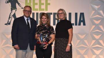 HONOURED: Prime Minister Scott Morrison with the 2021 Queensland Country Life Beef Achiever Tracey Hayes and Australian Community Media's national agriculture news editor Penelope Arthur. 