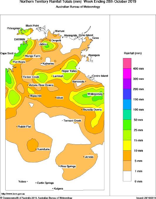 Katherine is pretty much on its own in a little patch of white in the Top End, no rain recorded. Graphic: Bureau of Meteorology.