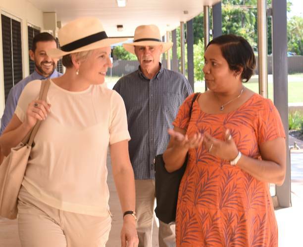 Education Minister Selena Uibo (right) in Katherine late last month.