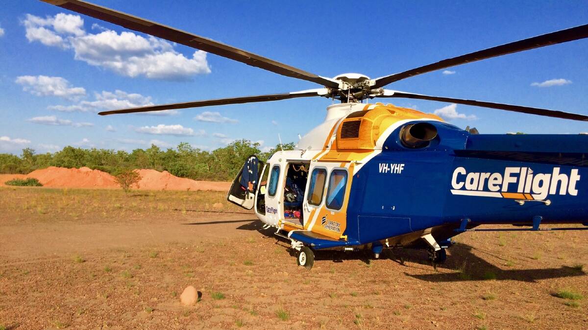 The CareFlight Top End Rescue Helicopter – supported by Territory Generation – at a quarry near the scene of a serious single-vehicle accident 30km outside of Jabiru. Picture: CareFlight.