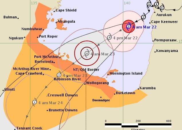 TC Trevor is expected to make landfall on the NT coast about noon tomorrow. Graphic: Bureau of Meteorology.