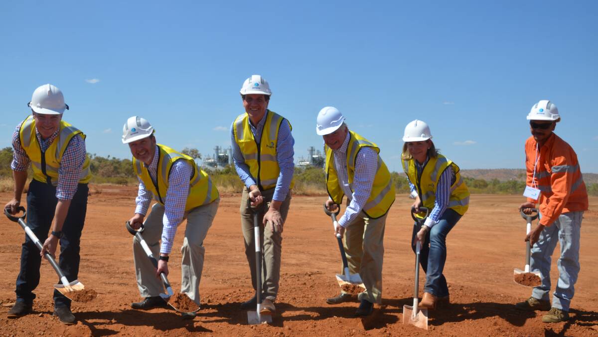 STARTED: Robbie Katter, Paul Adams, Minister Anthony Lynham, Nick Greiner, Mayor Joyce McCulloch and Doresey Hill turn the first sod at the Mount Isa Compressor Station. 