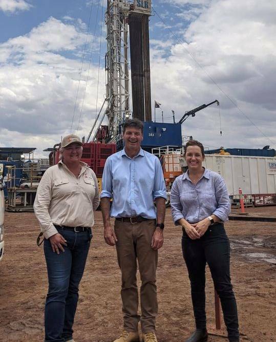 Senator Sam McMahon, Minister Taylor and NT Opposition leader Lia Finocchiaro at the Empire Energy drill site in the Beetaloo in October.