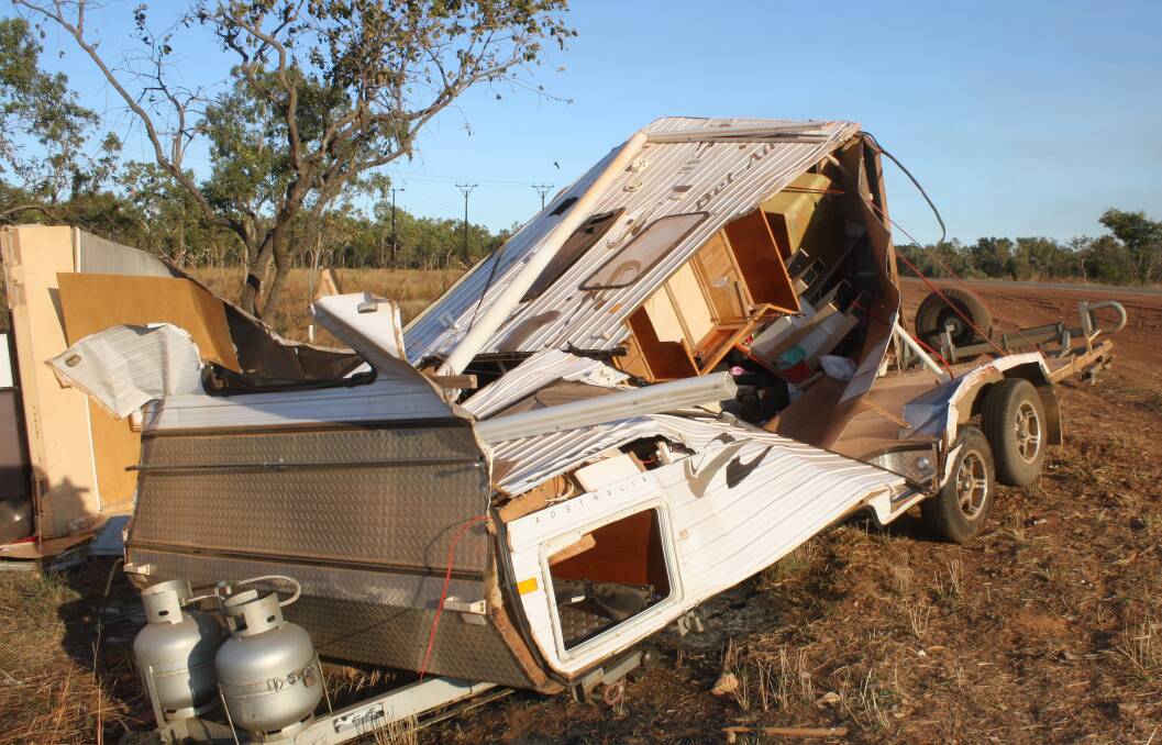 The caravan was destroyed in the crash near Tindal RAAF Base. Pictures: Roxanne Fitzgerald.