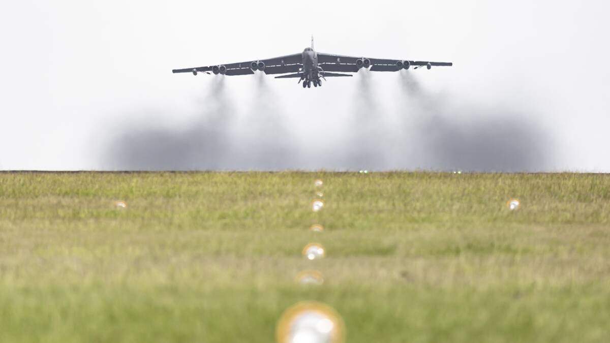 A US Air Force B-52 Stratofortress Bomber takes off from RAAF Base Darwin during Exercise Diamond Storm last year. Picture: Defence Media.