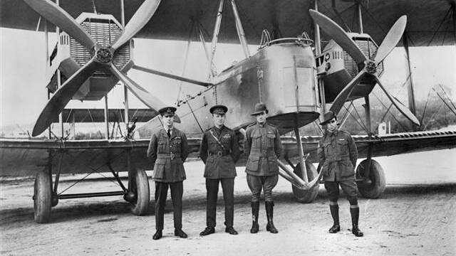 Keith Smith, Ross Smith, Sgt. Jim Bennett and Sgt. Wally Shiers in front of the Vickers Vimy in 1919. Picture: Australian War Memorial.